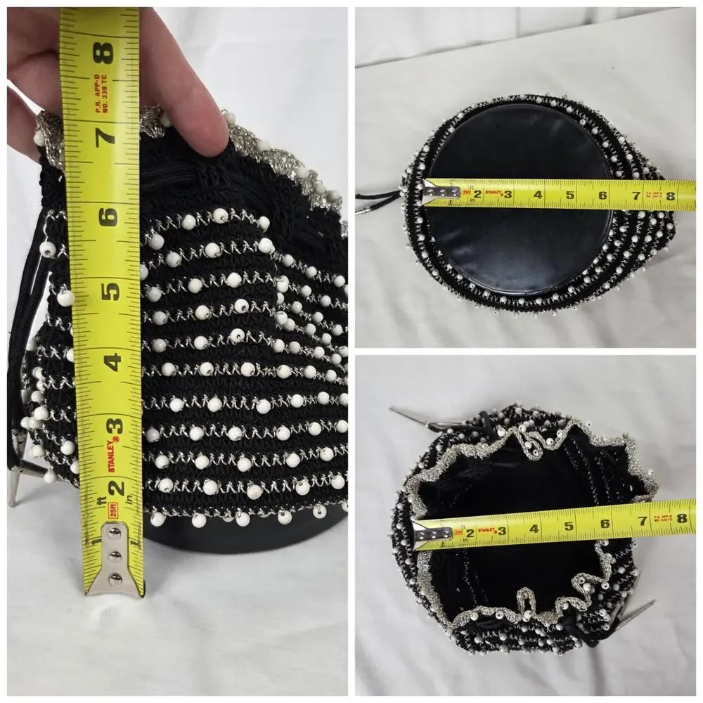 Vintage Drawstring Bag Mad Men 1950s Evening Purse Black Tie White Beaded Silver